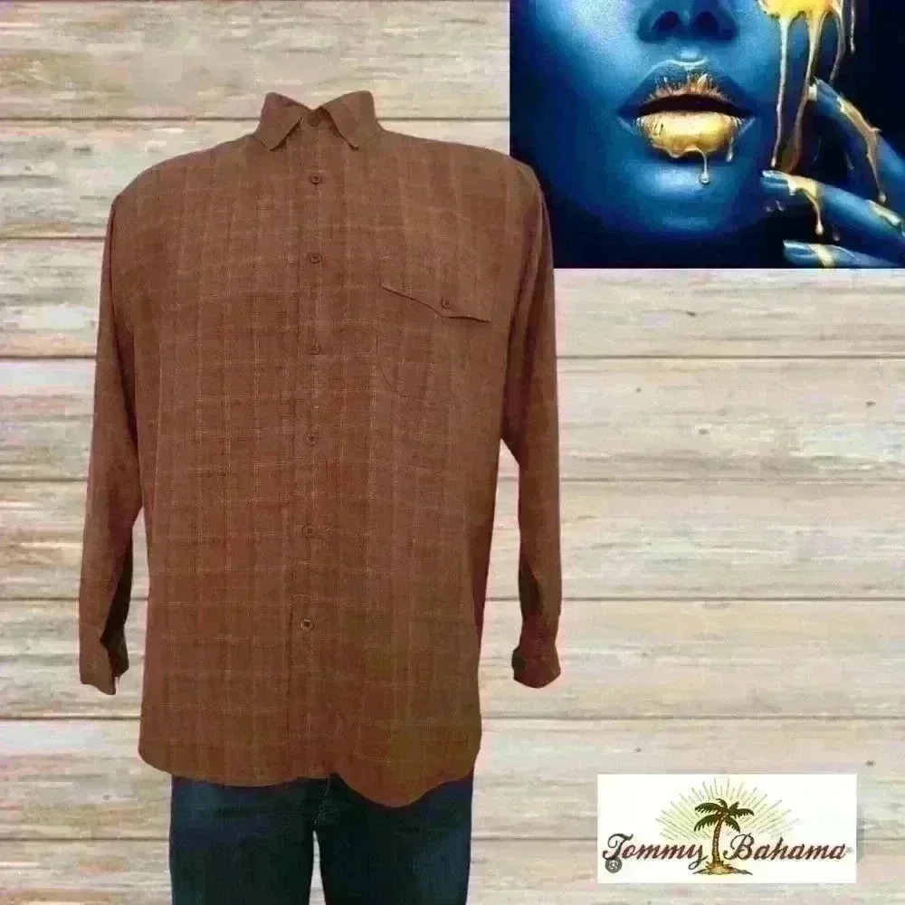 Tommy Bahama 100% SILK  plaid shirt button front Long sleeve mens size M